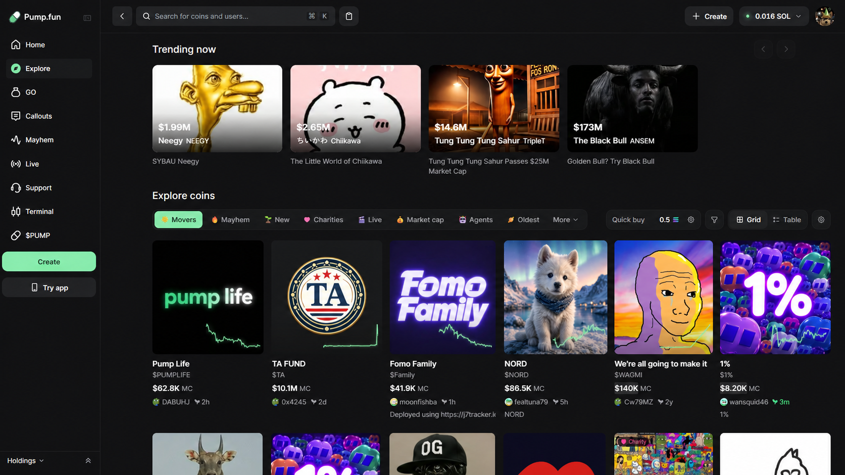 Pump.fun Explore desktop interface