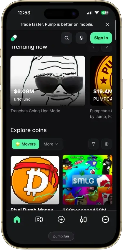 Pump.fun mobile trending and movers interface